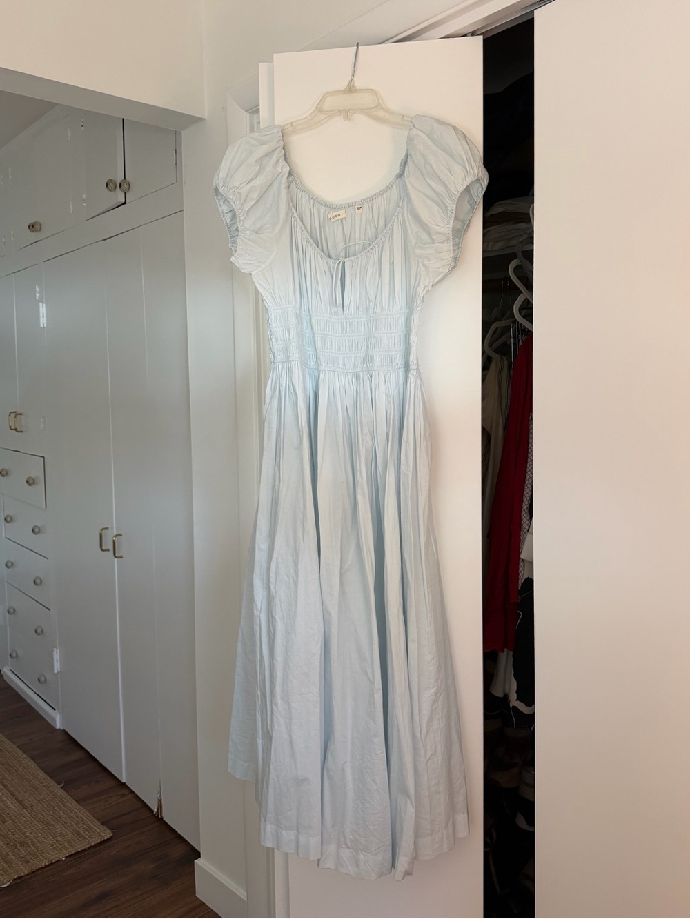 Doen Quinn Tie Shirred Cotton Poplin Midi Dress- light blue